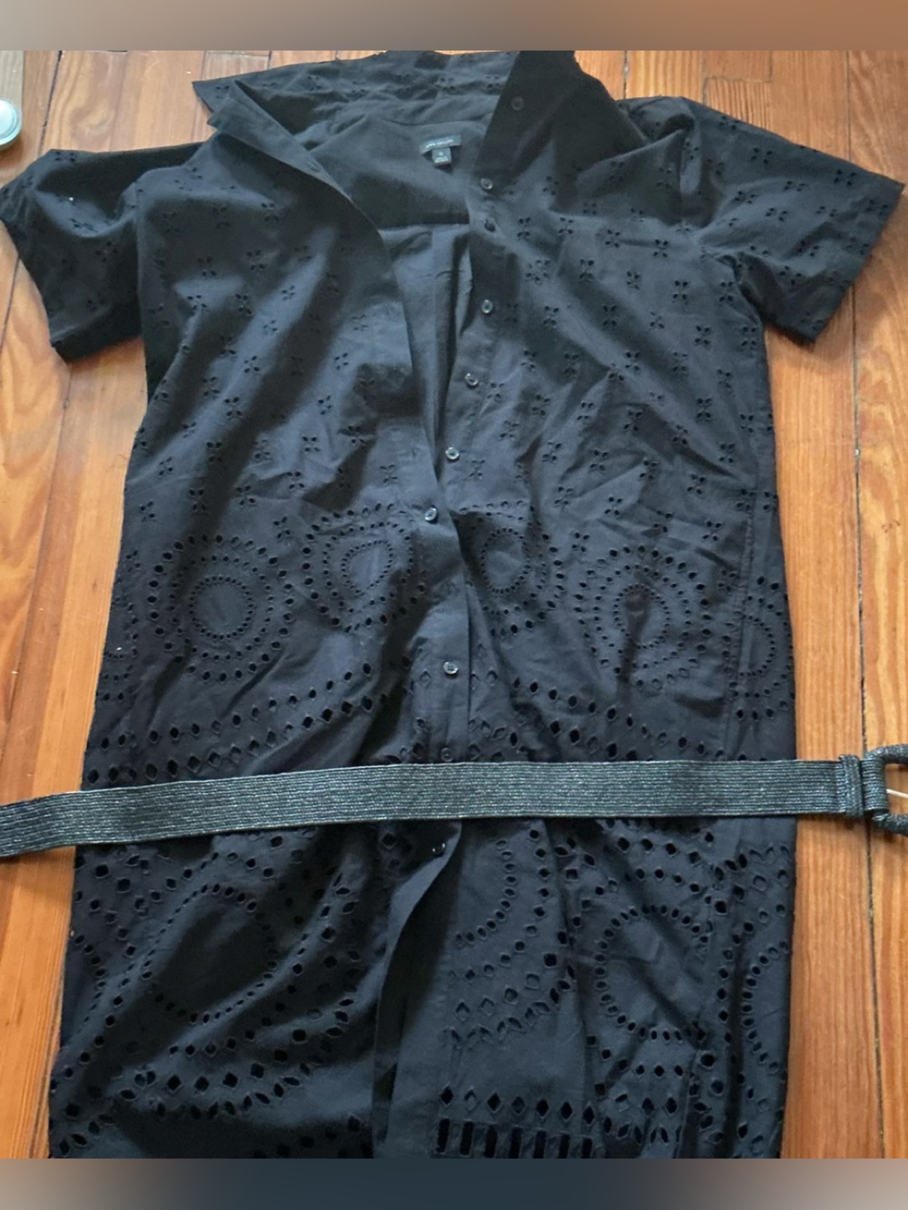 Size 12 EUC Ann Taylor Black Eyelet Pencil DRESS with Decorative Waistband